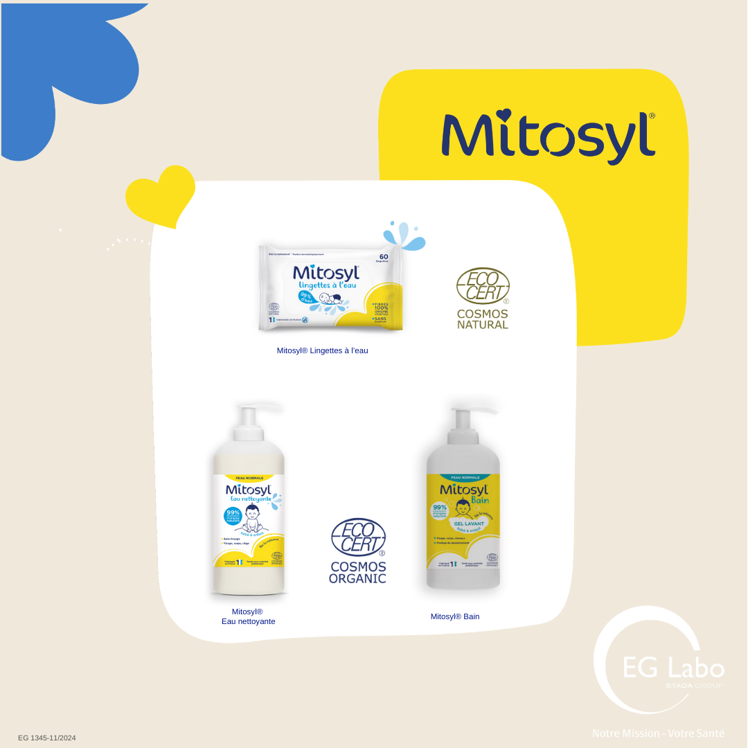 Mitosyl® Lingettes à l’eau, Mitosyl® Gel lavant et Mitosyl® Eau nettoyante, trois produits d’hygiène et de soin pour les bébés, le jeune enfant et toute la famille ont reçu le label COSMOS NATURAL et COSMOS ORGANIC certifiés par ECOCERT !